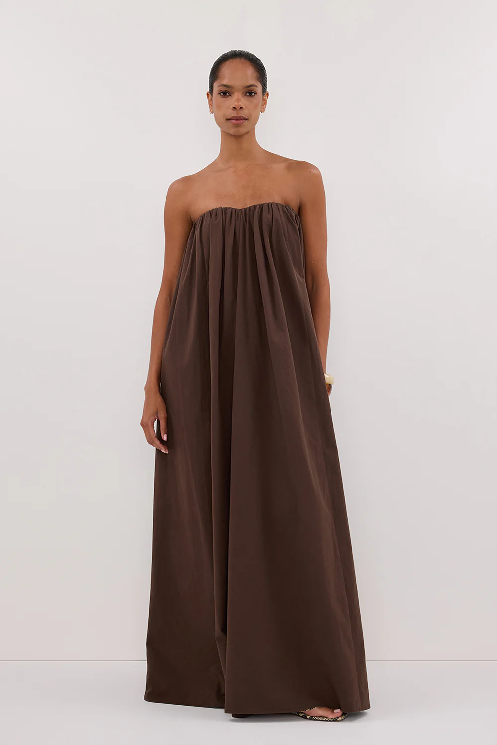 ROISIN BITTER CHOC COTTON STRAPLESS MAXI DRESS - Gamepaces