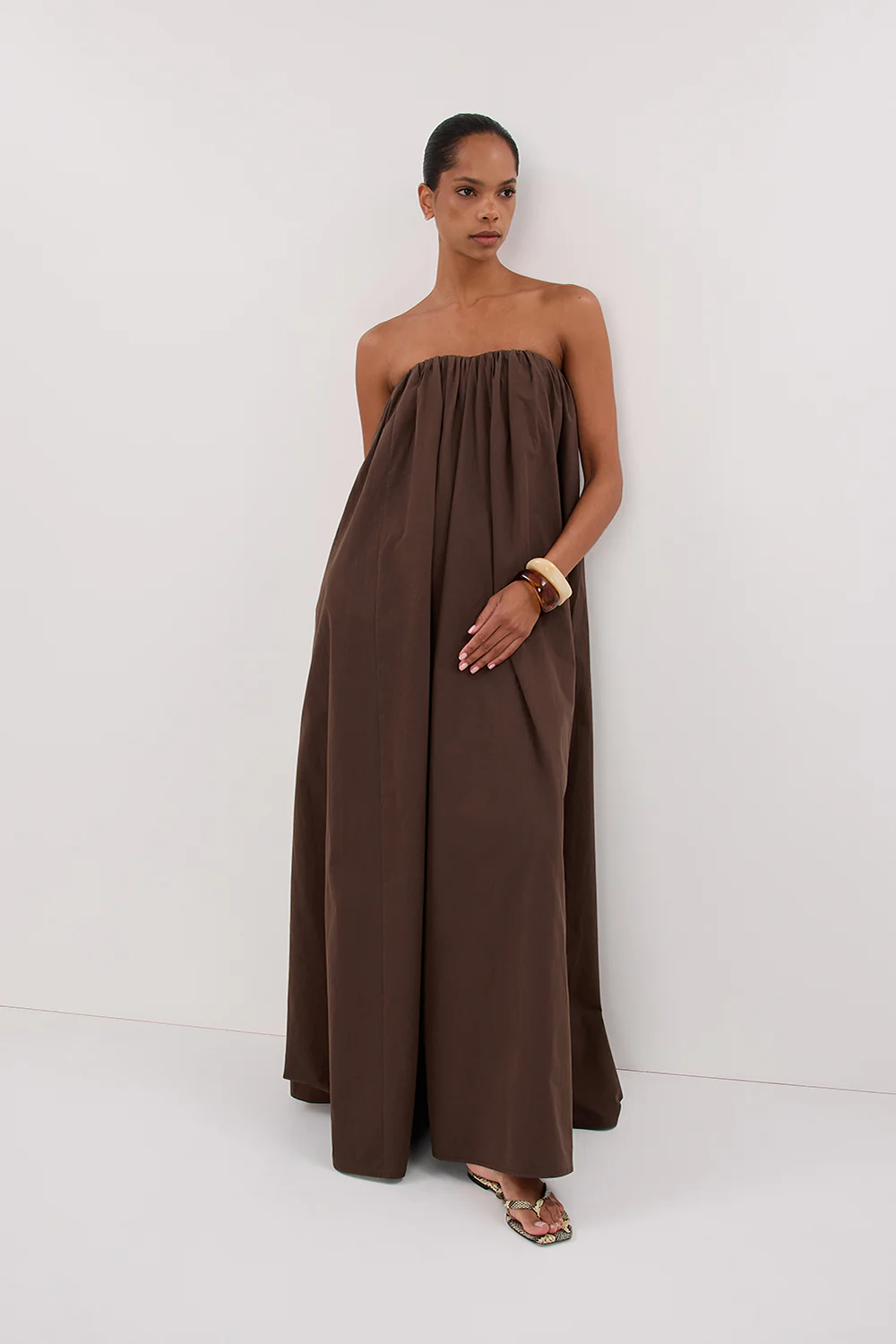 ROISIN BITTER CHOC COTTON STRAPLESS MAXI DRESS - Gamepaces