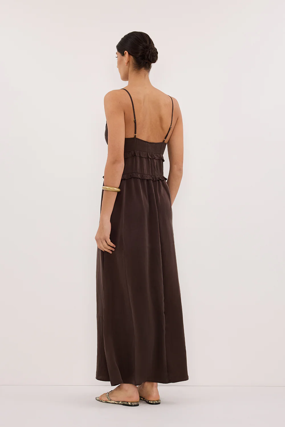 LENA BITTER CHOC SILK SLEEVELESS MAXI DRESS - Gamepaces