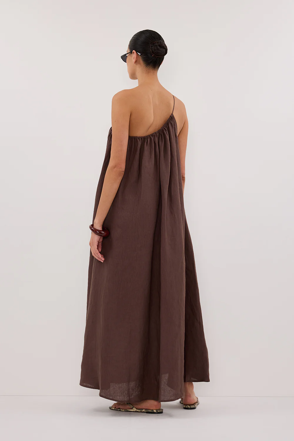 ALMA BITTER CHOC ASYM LINEN MIDI DRESS - Gamepaces