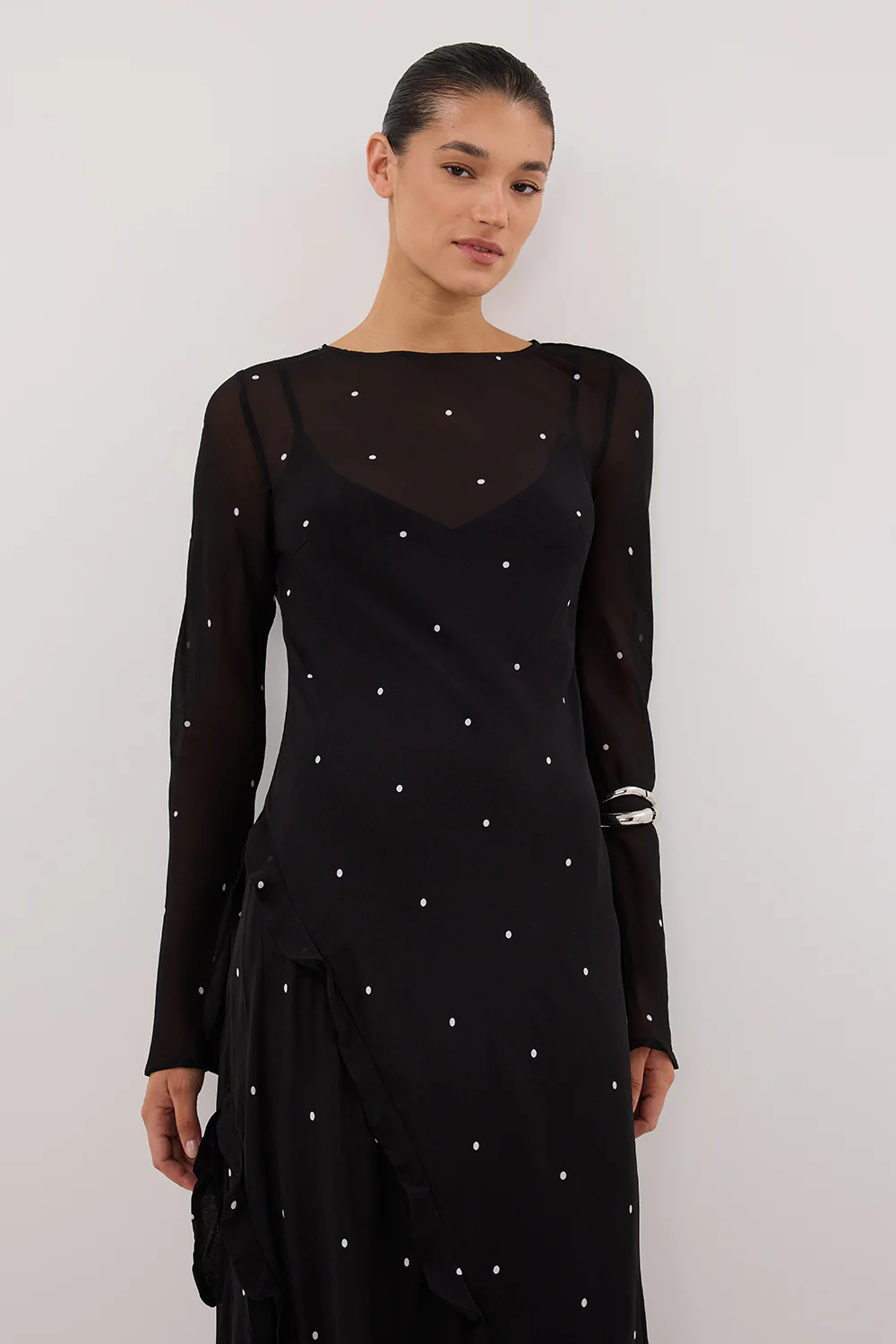 MELROSE BLACK SPOT LONG SLEEVE MAXI DRESS - Gamepaces