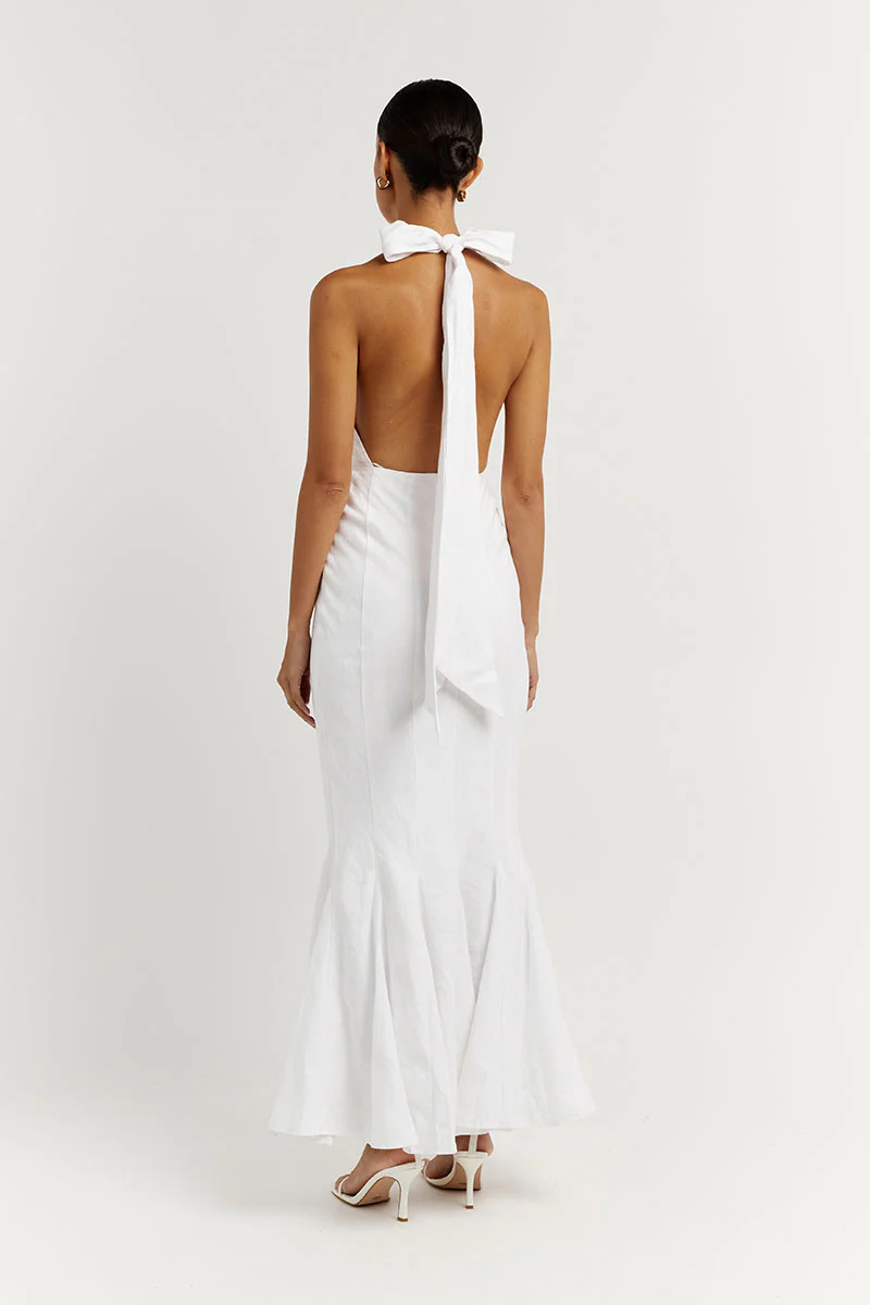 AISLE WHITE LINEN HIGH NECK DRESS - Gamepaces