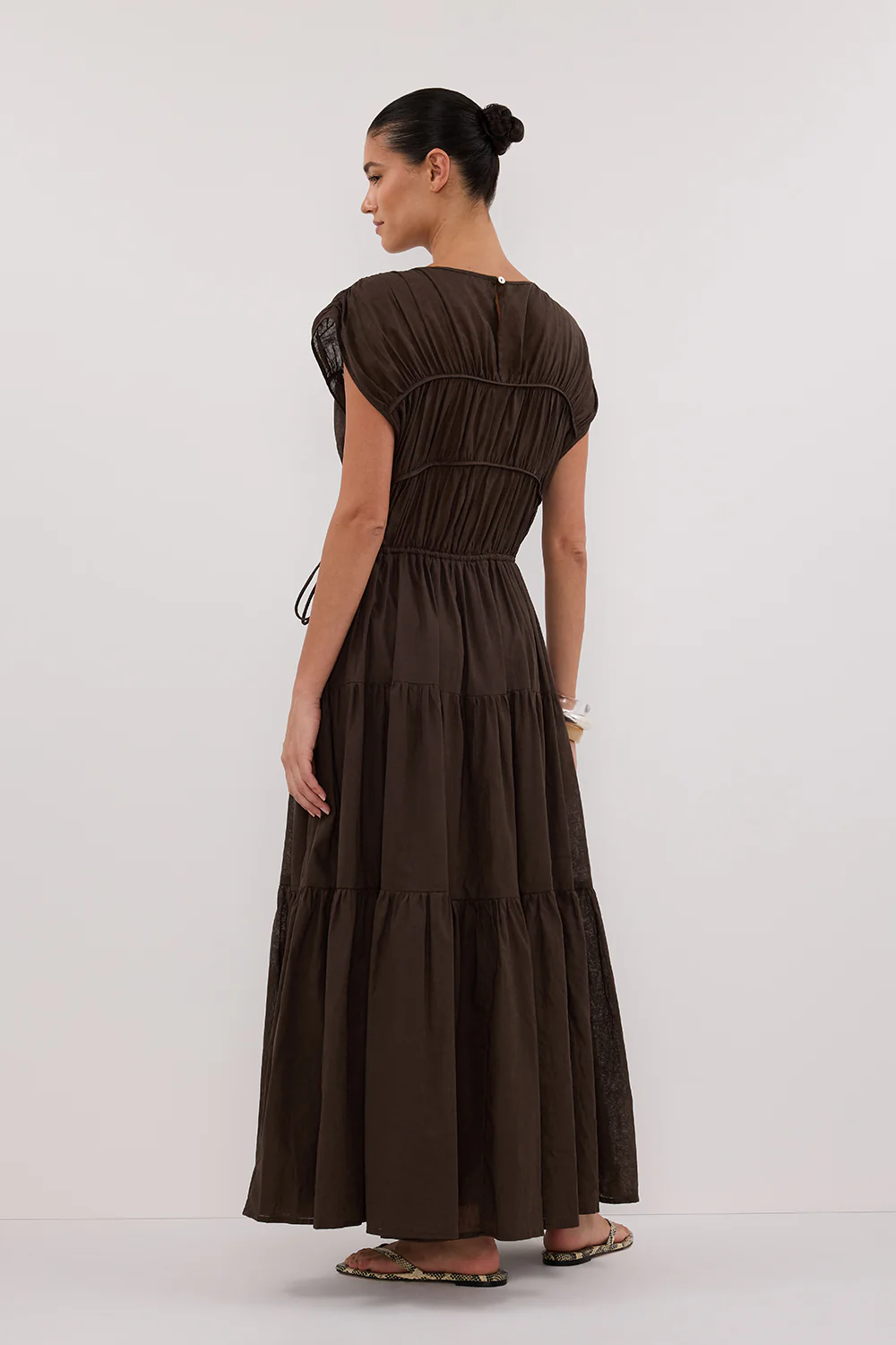 FLYNN BITTER CHOC LINEN BLEND MIDI DRESS - Gamepaces