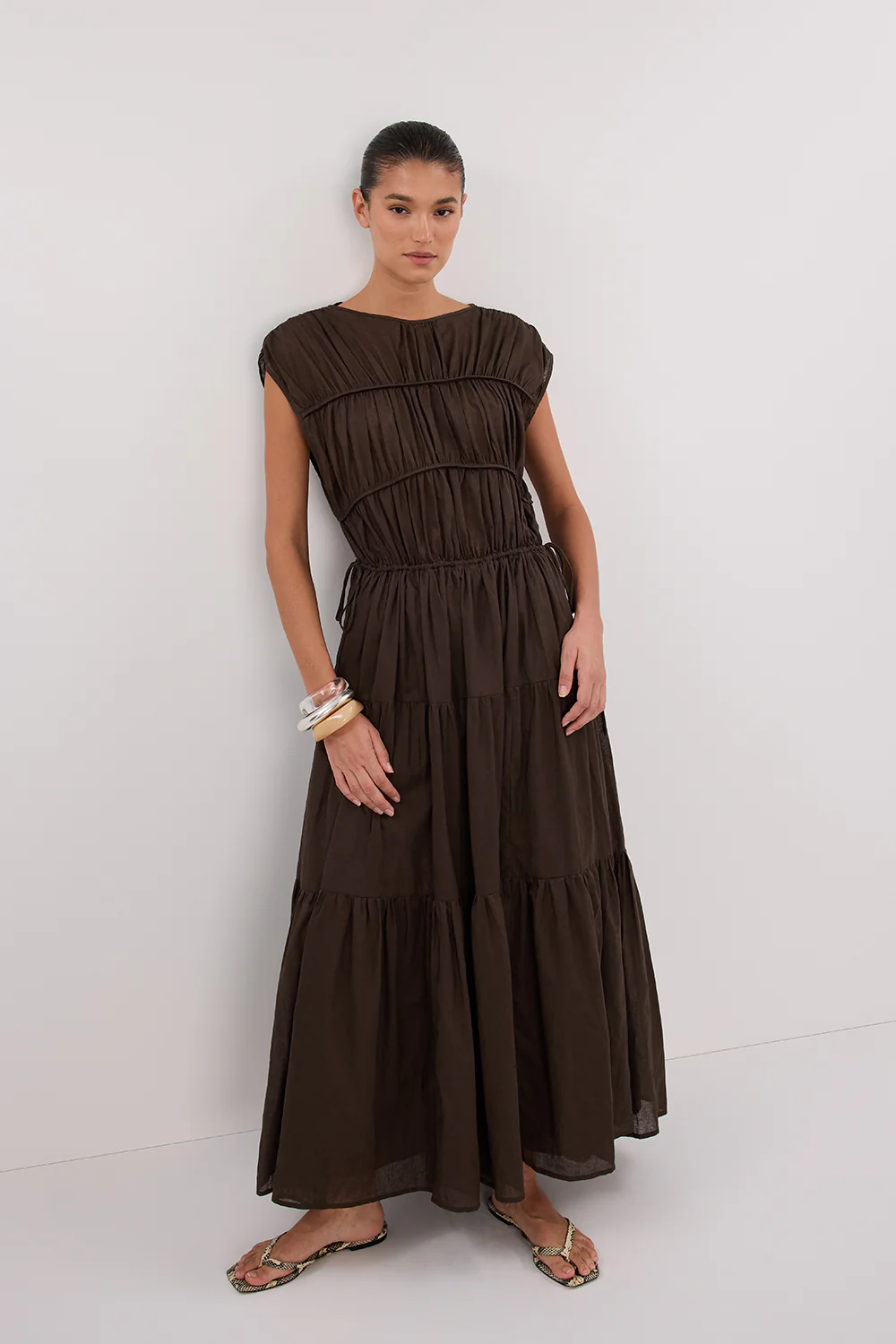 FLYNN BITTER CHOC LINEN BLEND MIDI DRESS - Gamepaces