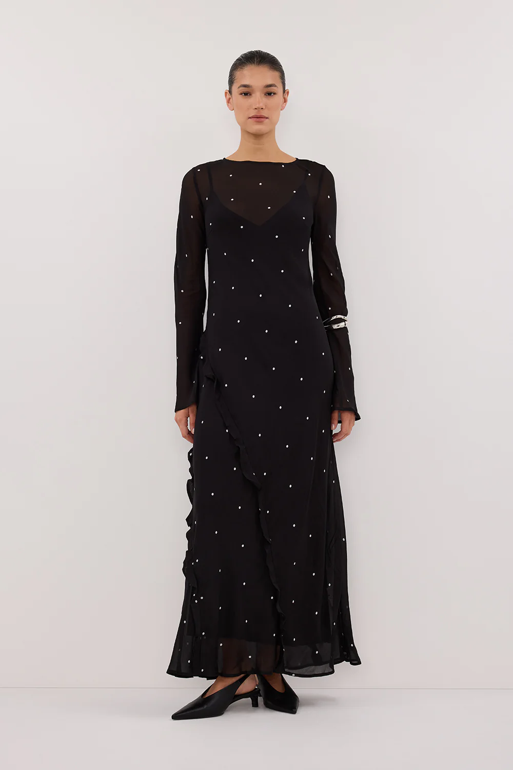 MELROSE BLACK SPOT LONG SLEEVE MAXI DRESS - Gamepaces
