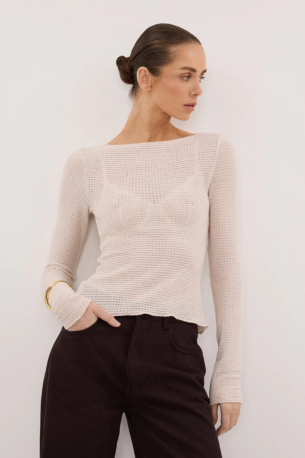 LILY STONE LONG SLEEVE BOAT NECK TEXTURED TOP - Gamepaces