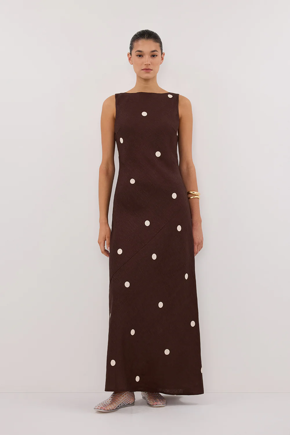 BEVERLY BITTER CHOC SPOT LINEN MIDI DRESS - Gamepaces
