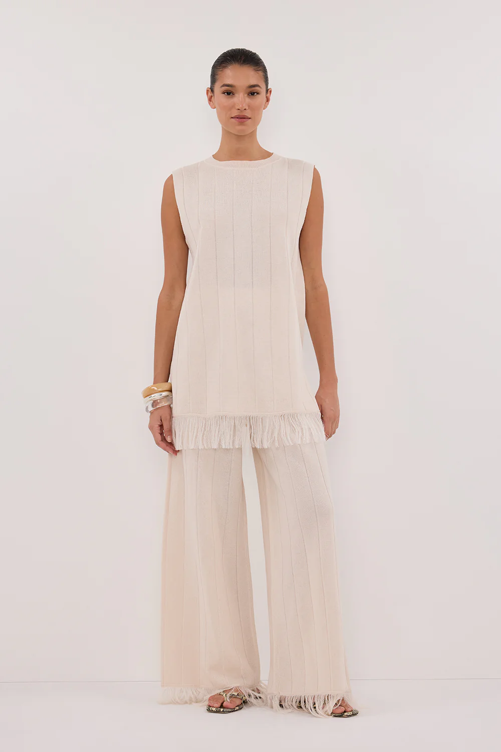 ARIA CREAM FRINGED KNIT PANT - Gamepaces