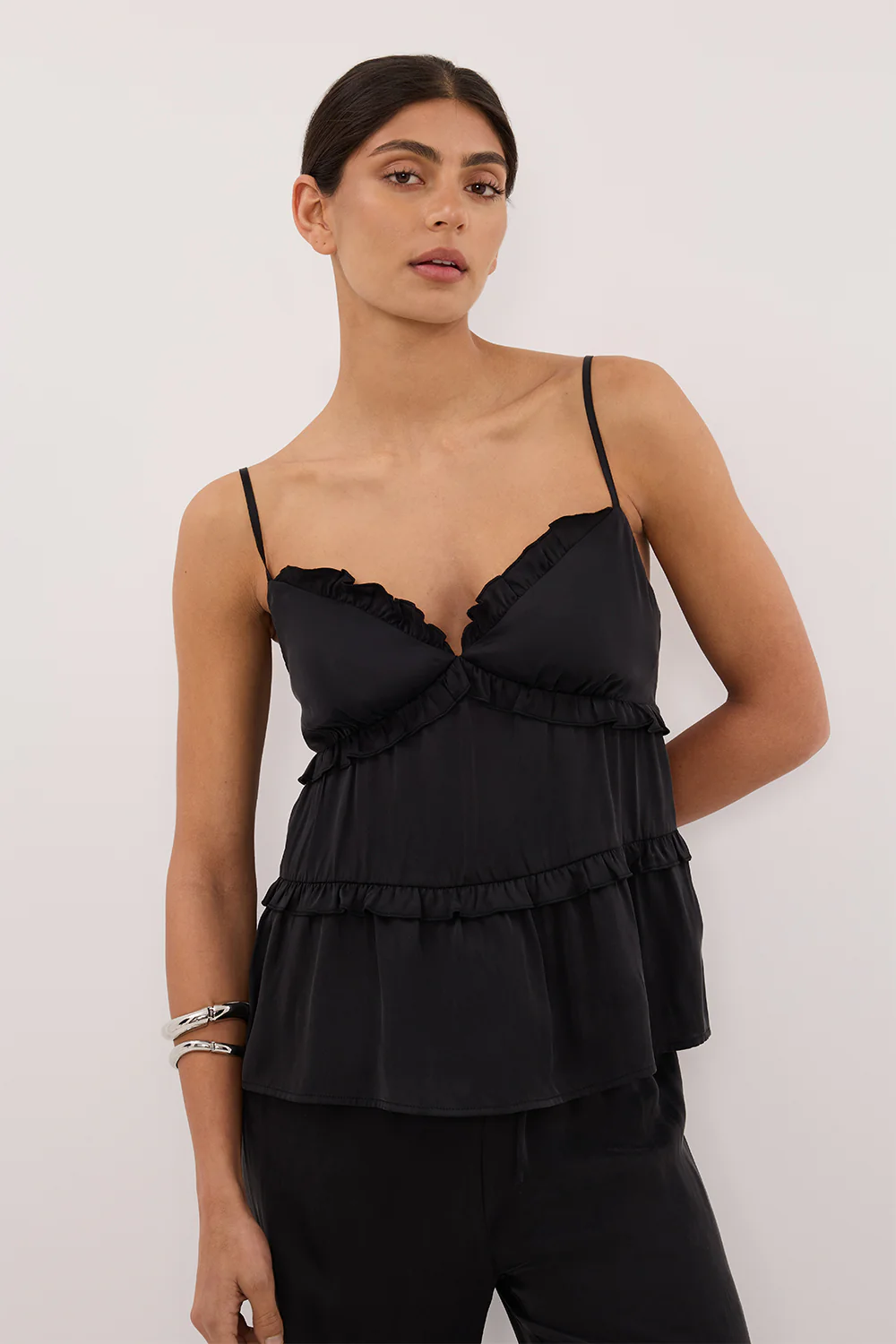 LENA BLACK SILK SLEEVELESS FRILL TOP - Gamepaces