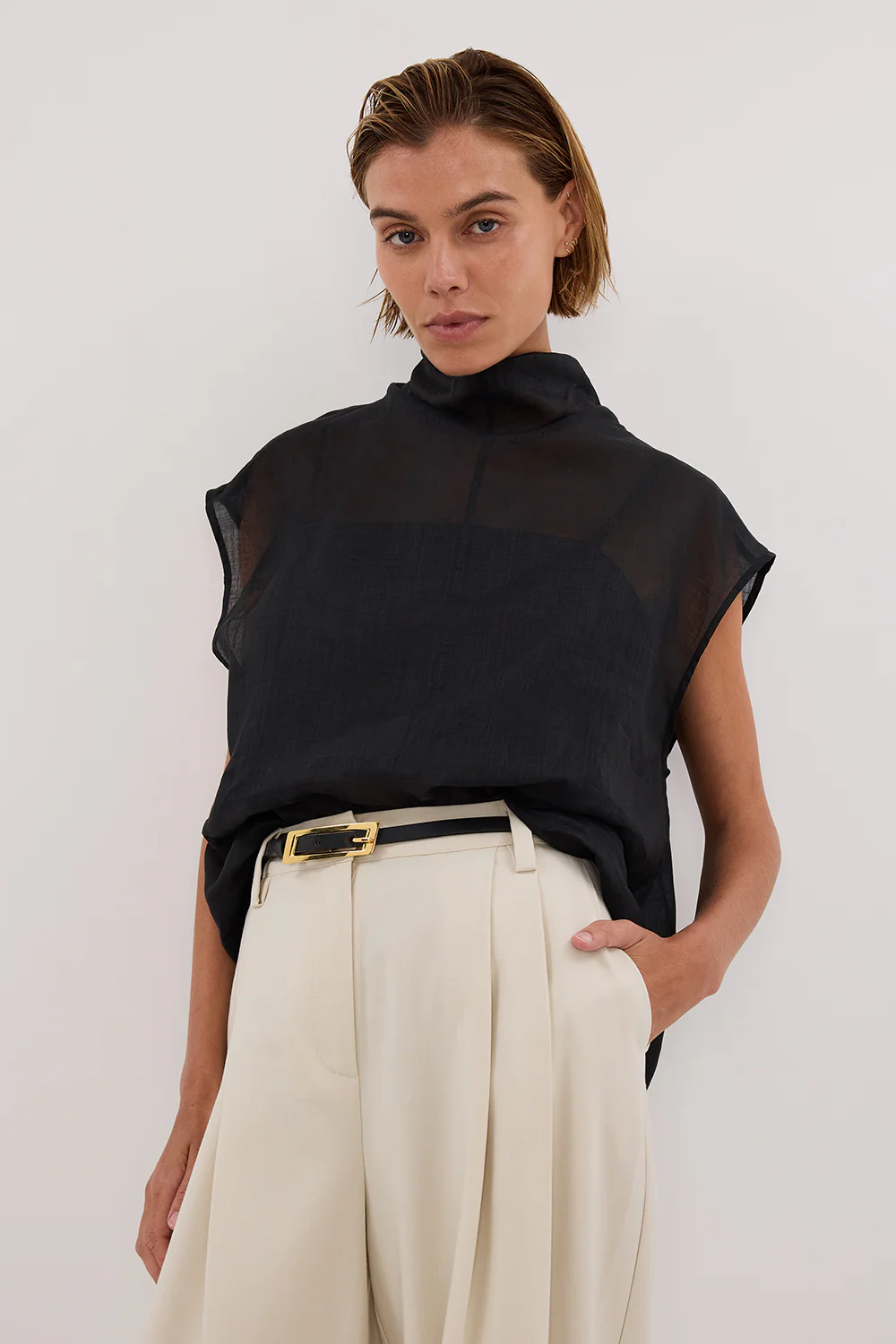 CARMEL BLACK RAMIE FUNNEL NECK TOP - Gamepaces