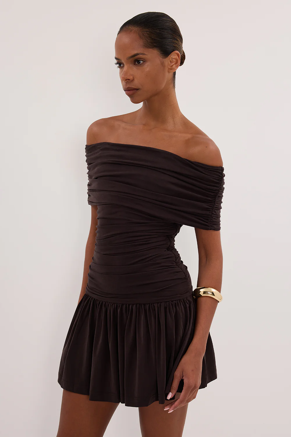 FEZ BURNT CHOC OFF SHOULDER MINI DRESS - Gamepaces