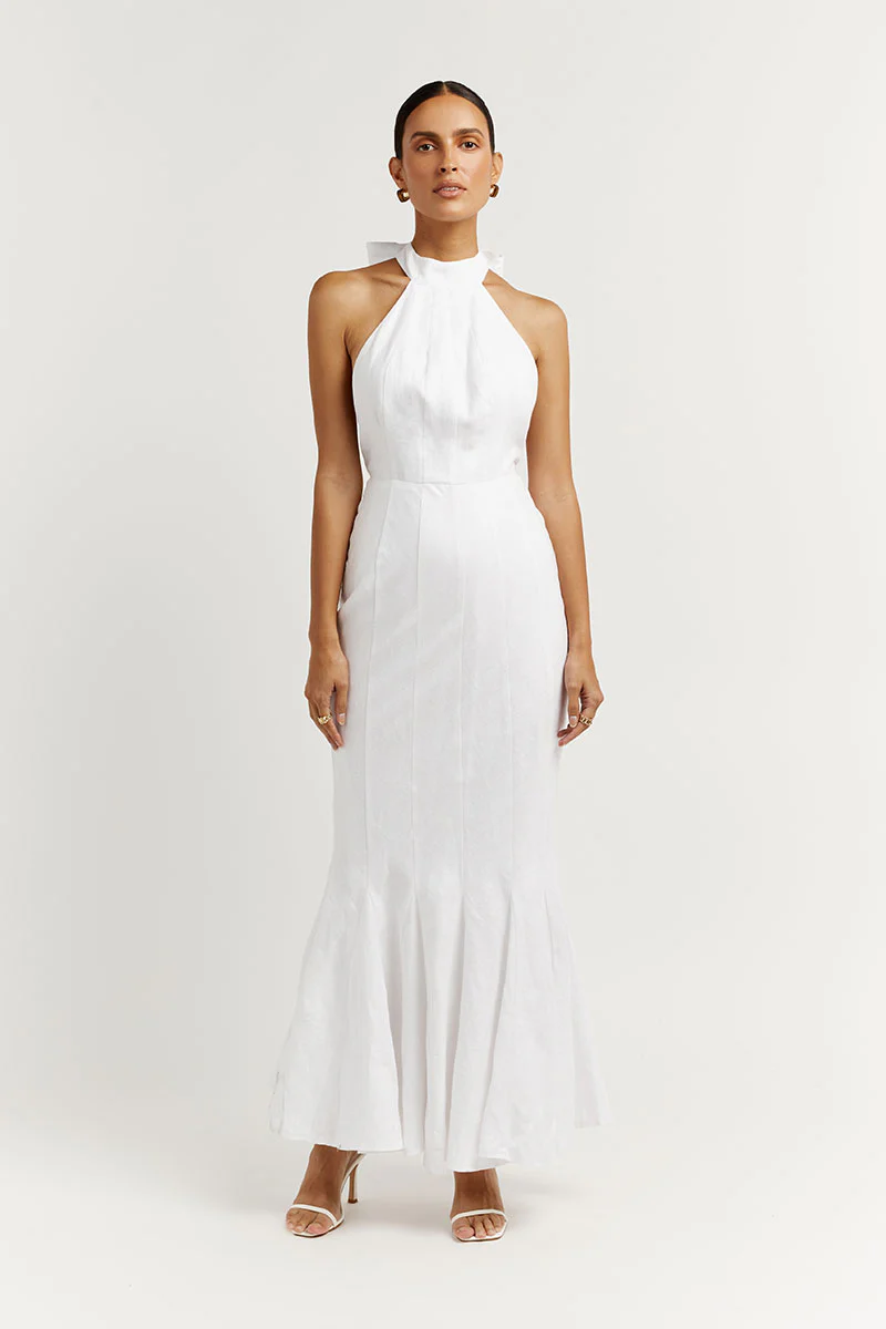 AISLE WHITE LINEN HIGH NECK DRESS - Gamepaces