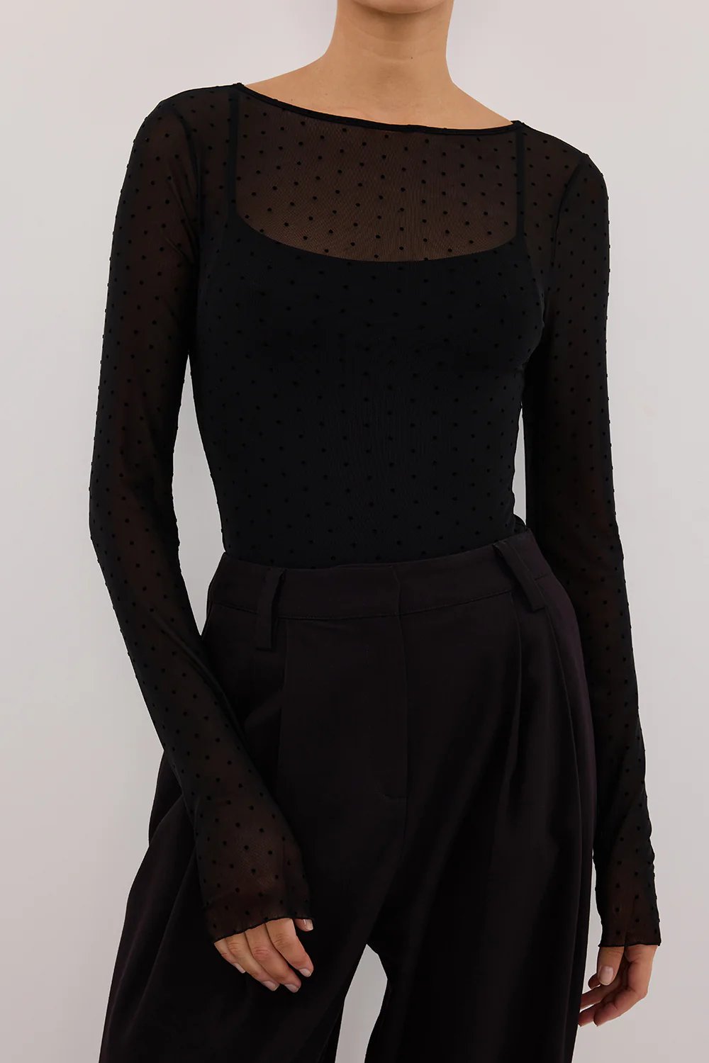 MAE BLACK MESH SPOT LONG SLEEVE TOP - Gamepaces