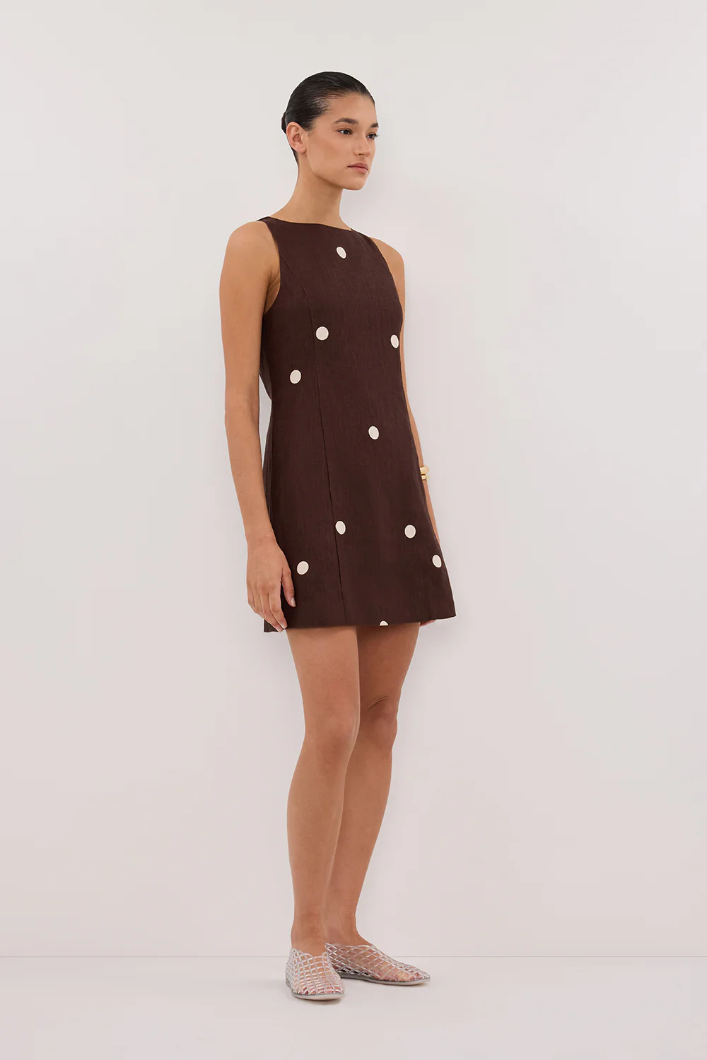 BEVERLY BITTER CHOC SPOT LINEN MINI DRESS - Gamepaces