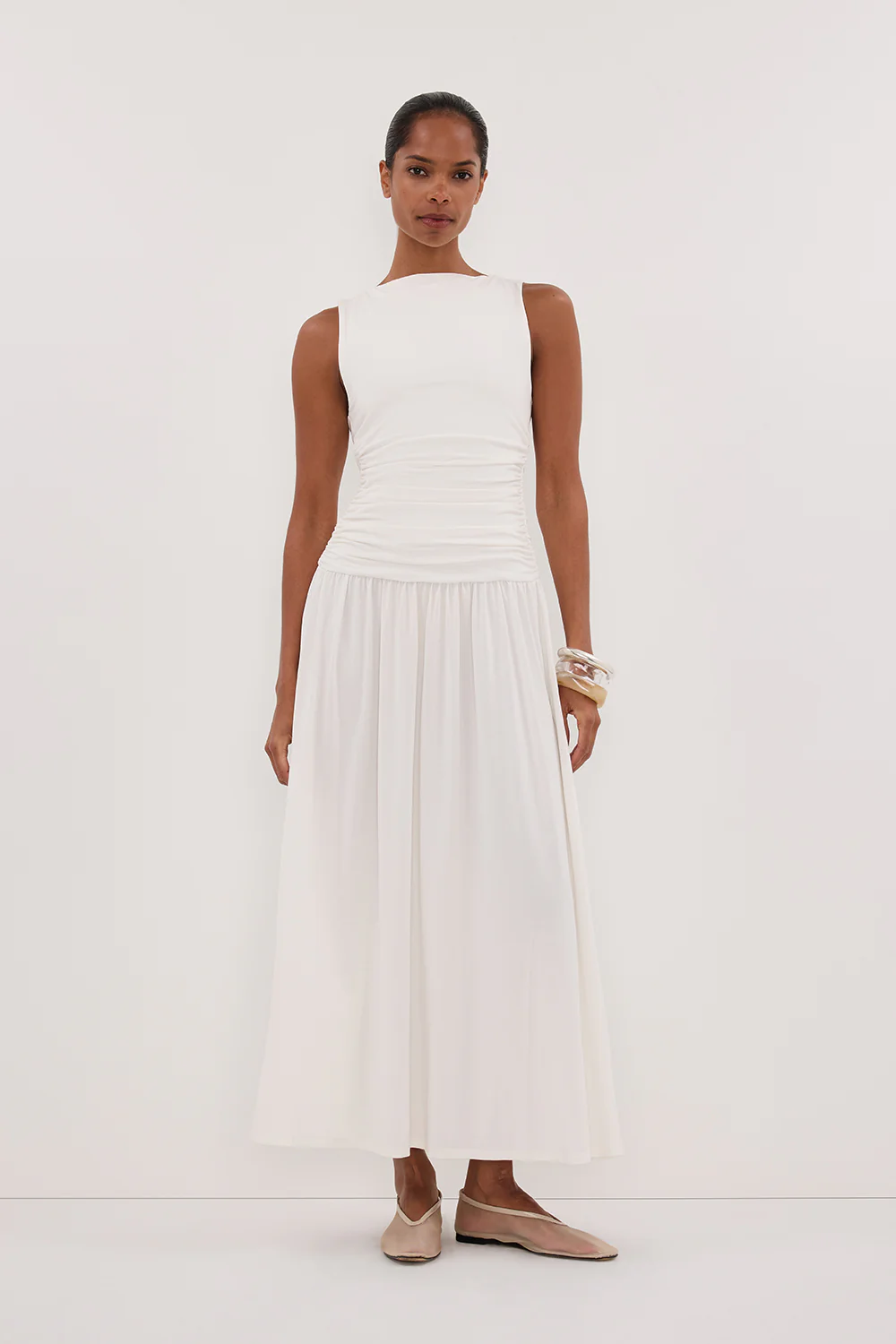 MEG OFF WHITE SLEEVELESS KNIT MIDI DRESS - Gamepaces