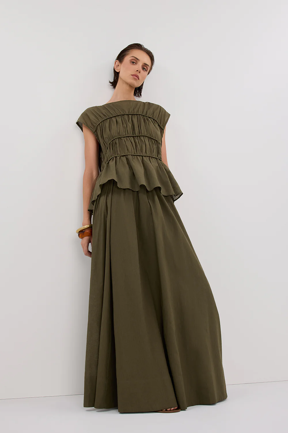FLYNN OLIVE LINEN BLEND TIE MAXI SKIRT - Gamepaces