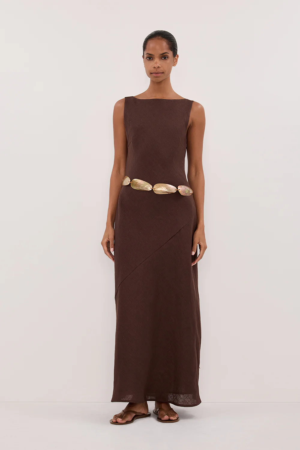 LACY COCOA SLEEVELESS LINEN MIDI DRESS - Gamepaces