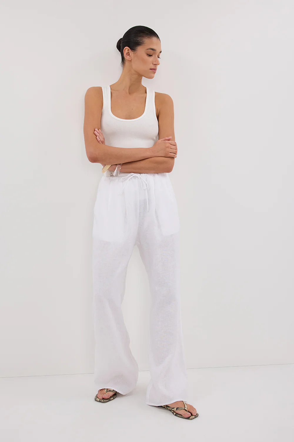 CARLA WHITE DRAWSTRING LINEN PANT - Gamepaces