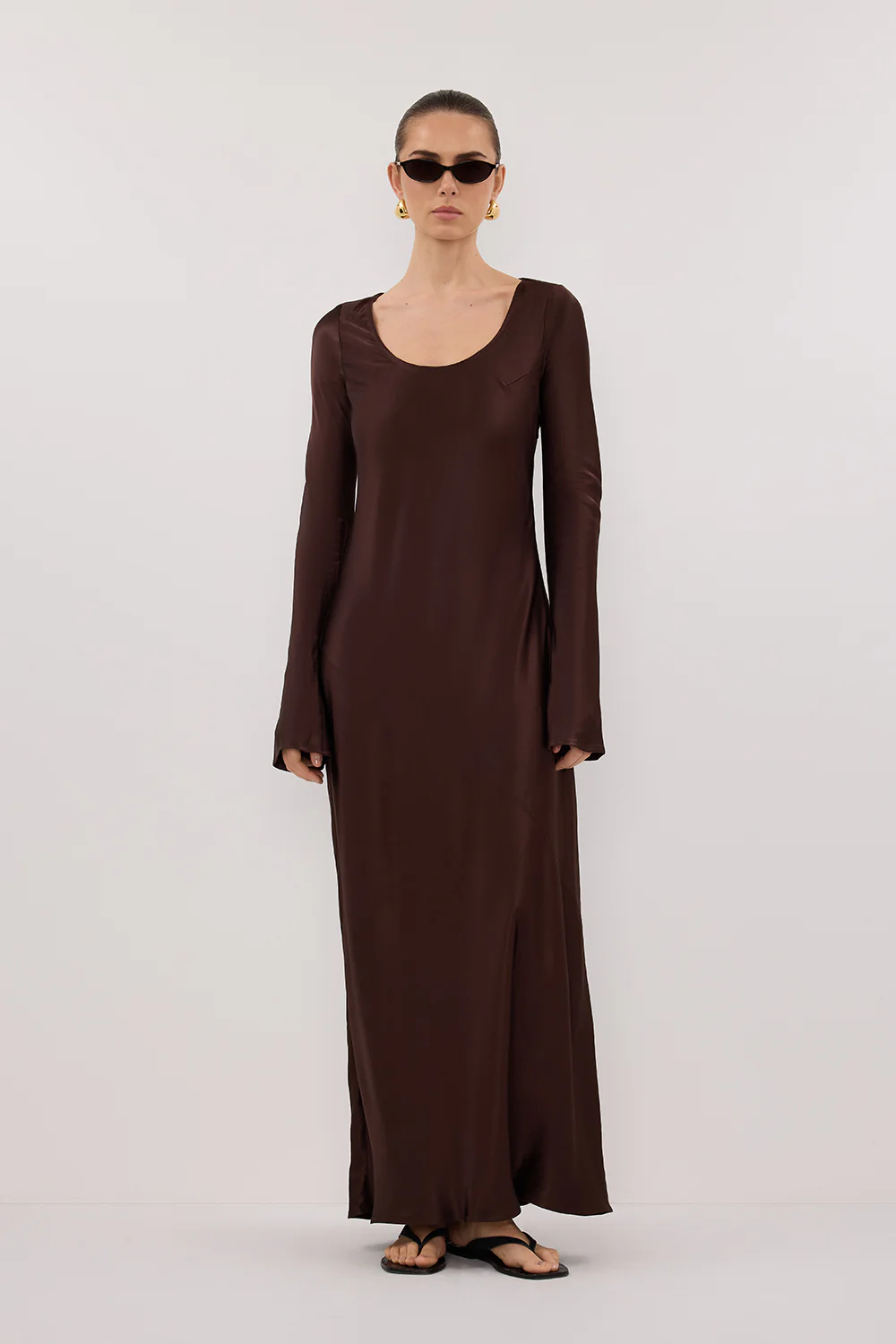 ELOISE BITTER CHOC LONG SLEEVE SATIN MIDI DRESS - Gamepaces