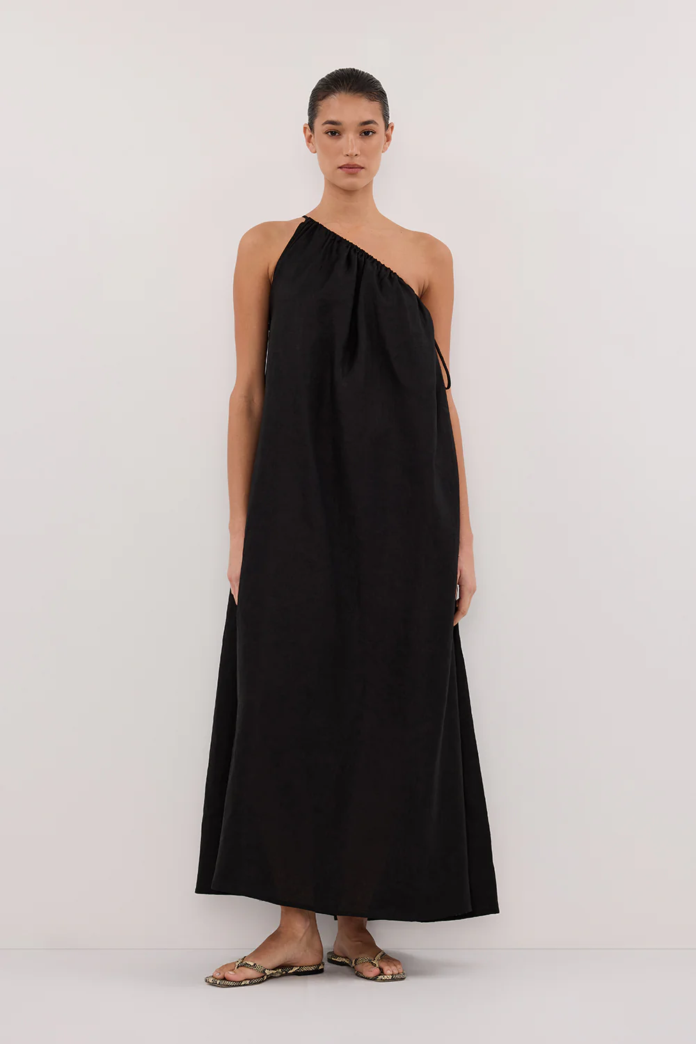 ALMA BLACK ASYM LINEN MIDI DRESS - Gamepaces