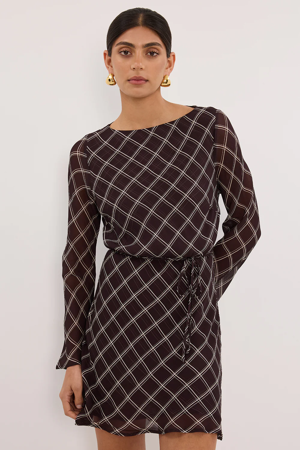 ARLINGTON CHOC LONG SLEEVE BOAT NECK MINI DRESS - Gamepaces