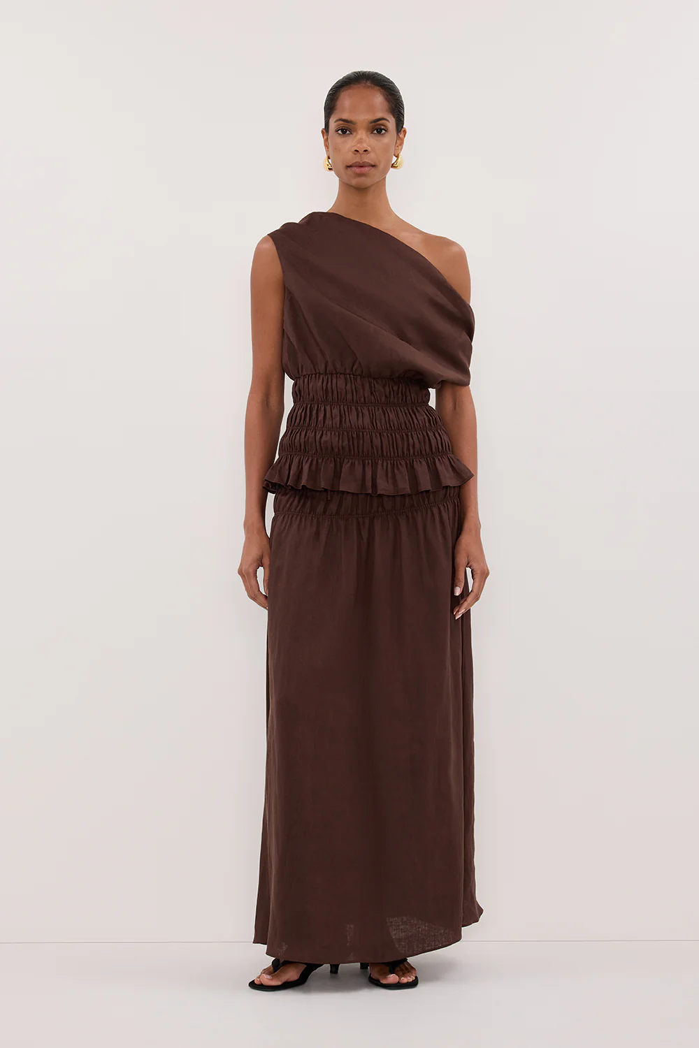 MAIA COCOA LINEN SHIRRED MIDI SKIRT - Gamepaces