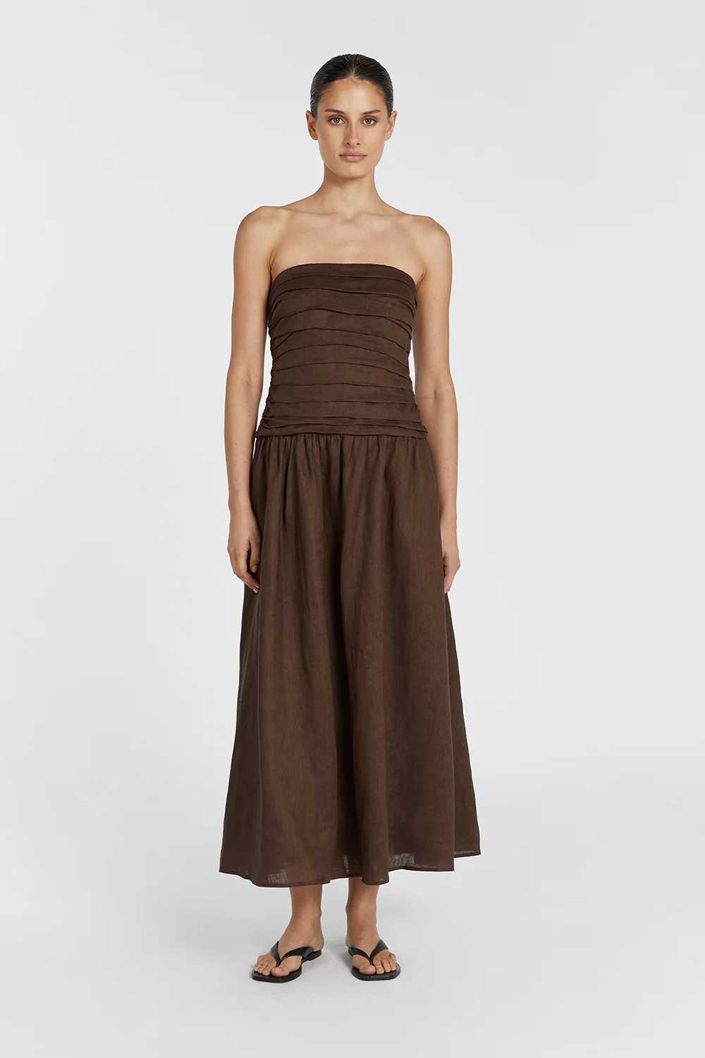 CATANIA BITTER CHOC LINEN STRAPLESS MIDI DRESS - Gamepaces