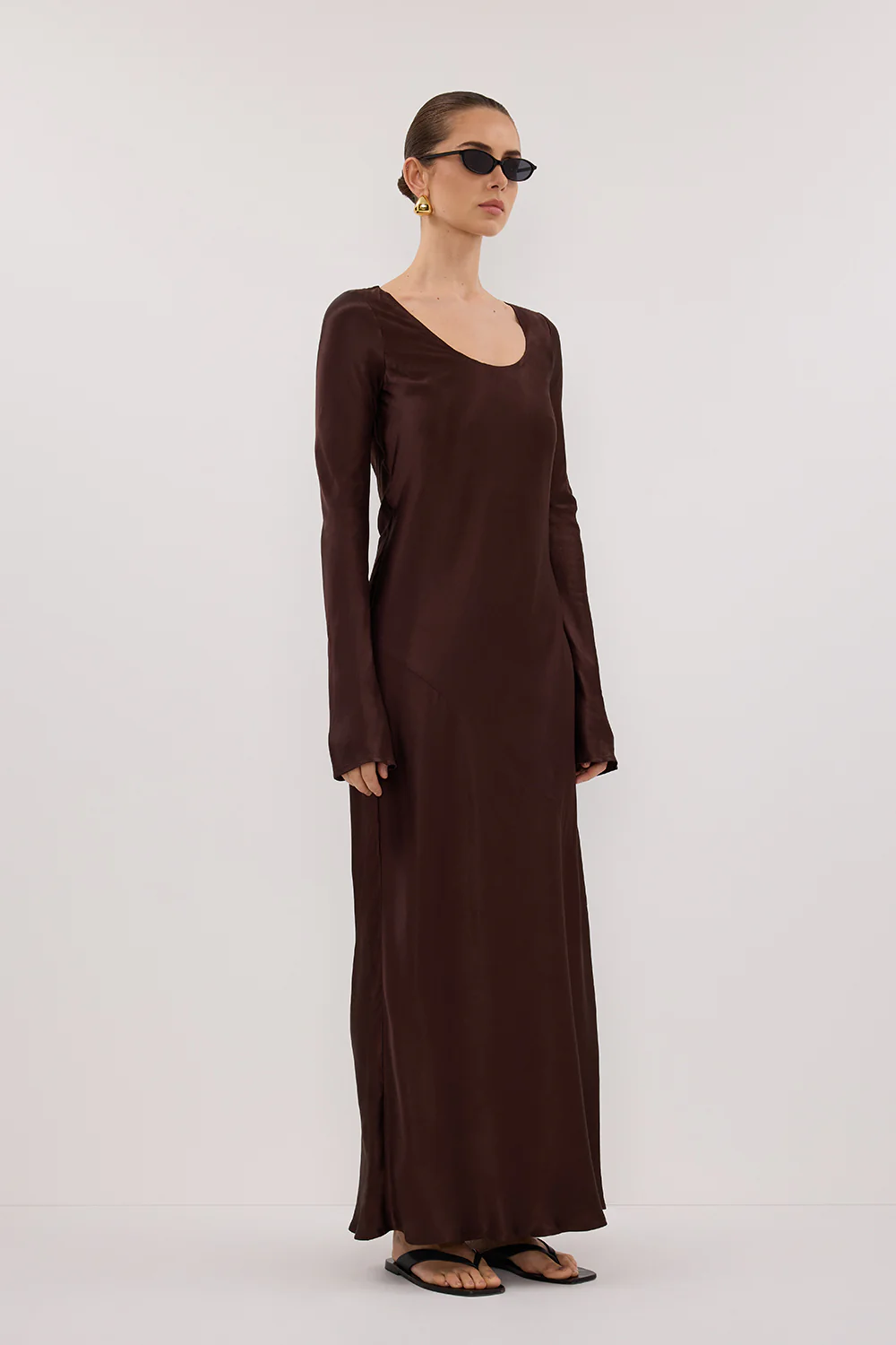 ELOISE BITTER CHOC LONG SLEEVE SATIN MIDI DRESS - Gamepaces