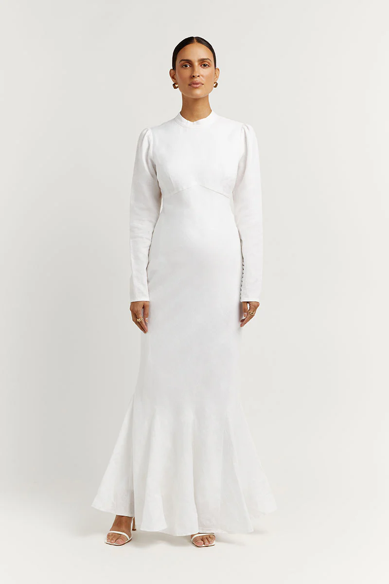 AISLE WHITE LINEN SLEEVE MIDI DRESS - Gamepaces