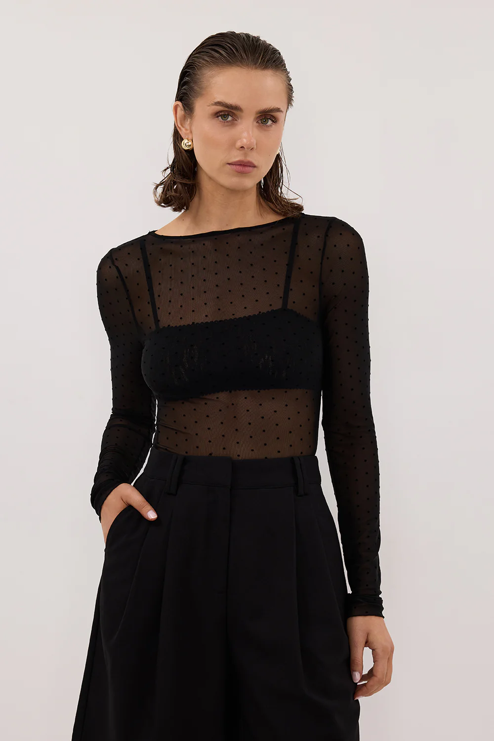 MAE BLACK MESH SPOT LONG SLEEVE TOP - Gamepaces