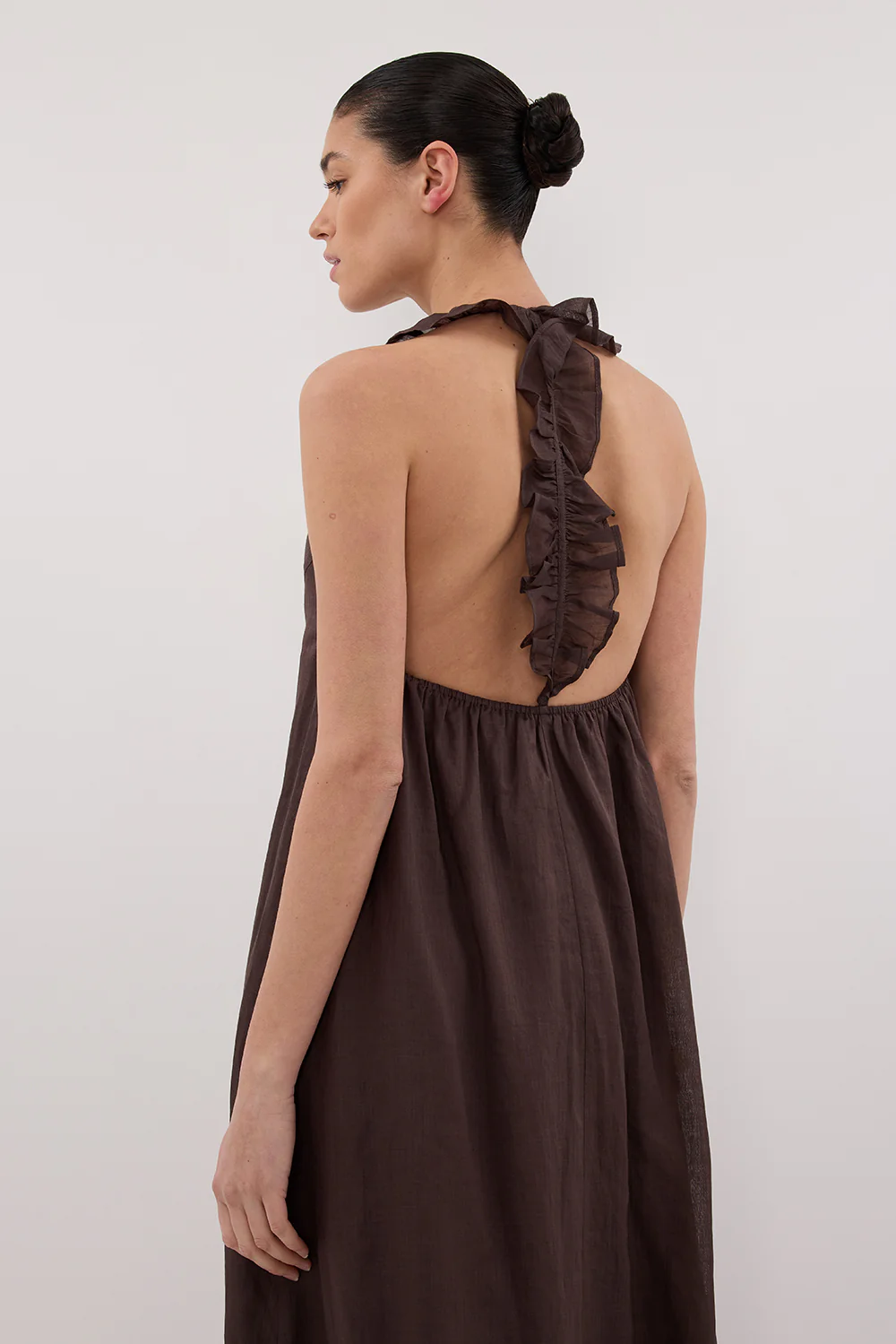 HAZEL DARK CHOC RAMIE SLEEVELESS MIDI DRESS - Gamepaces