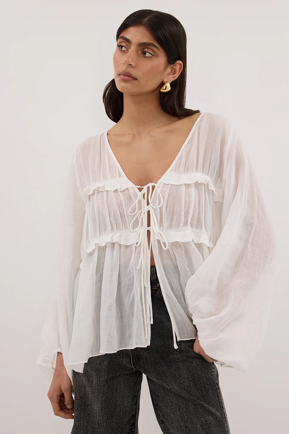MILA WHITE RAMIE LONG SLEEVE FRILL TOP - Gamepaces