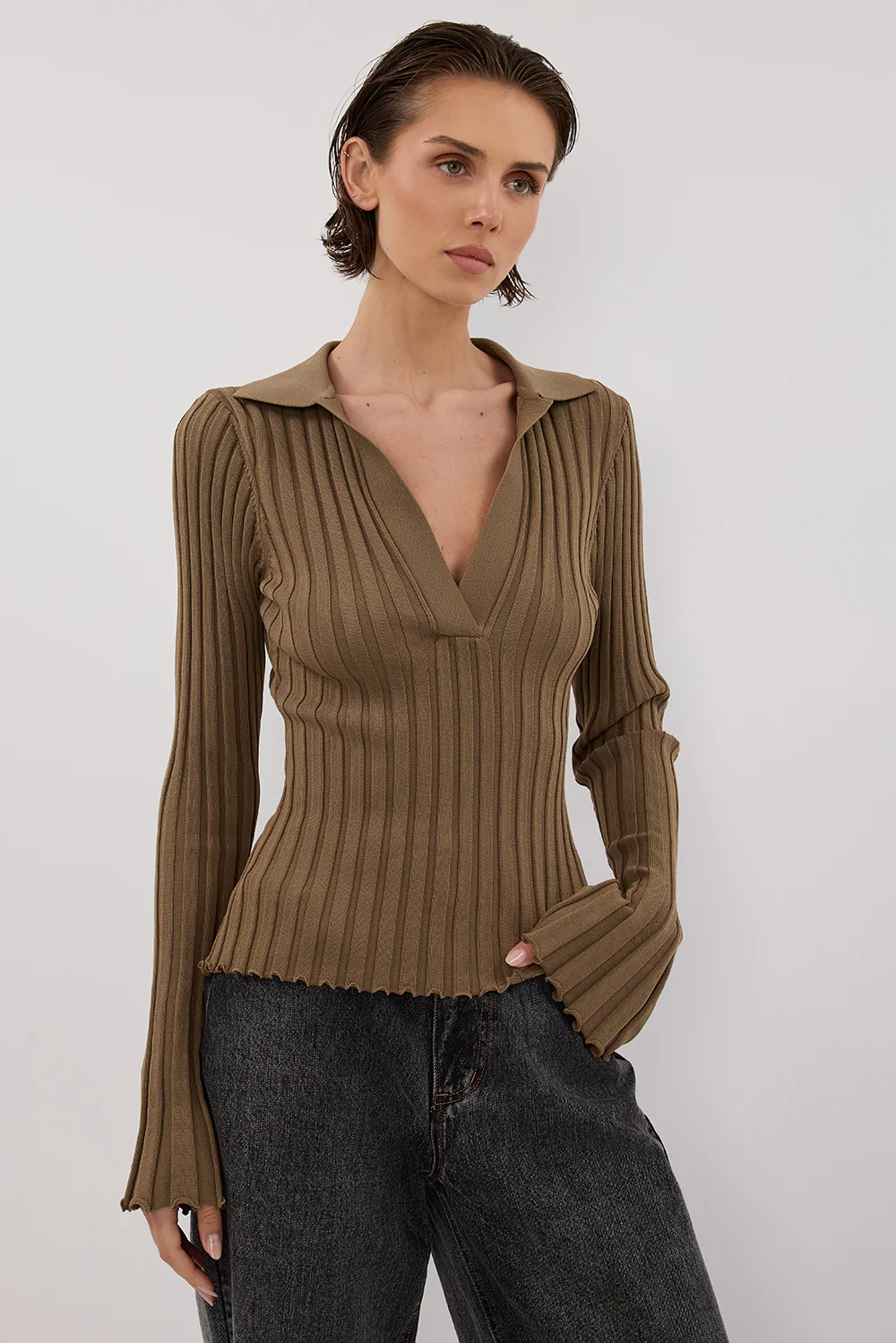 HAL OLIVE POLO LONG SLEEVE KNIT TOP - Gamepaces