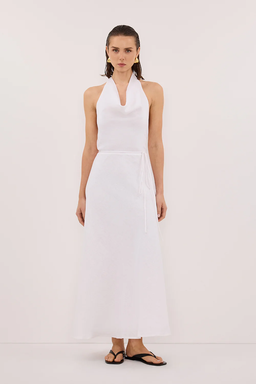 HAYLEE WHITE SLEEVELESS LINEN COWL DRESS - Gamepaces