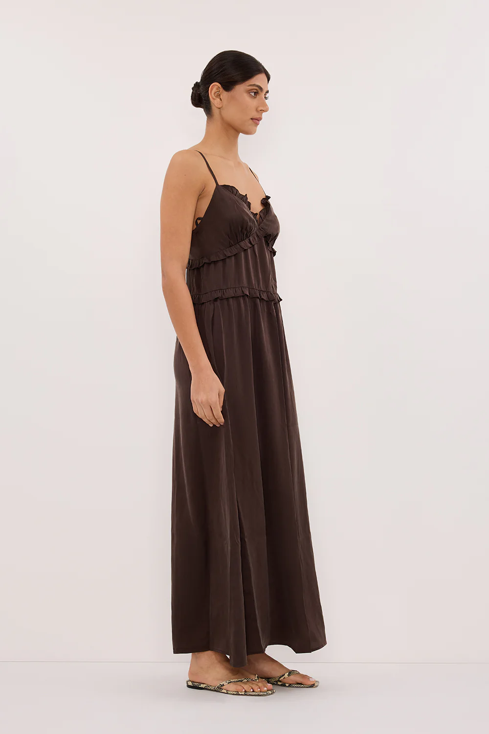 LENA BITTER CHOC SILK SLEEVELESS MAXI DRESS - Gamepaces