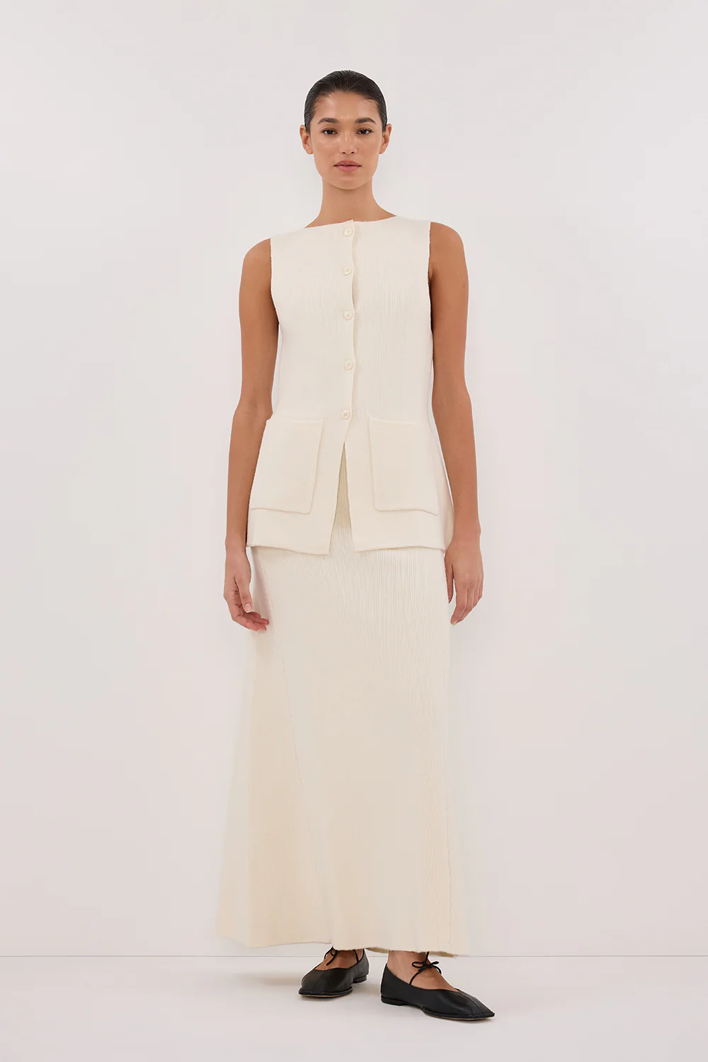 AVA CREAM LONGLINE KNIT MIDI SKIRT - Gamepaces