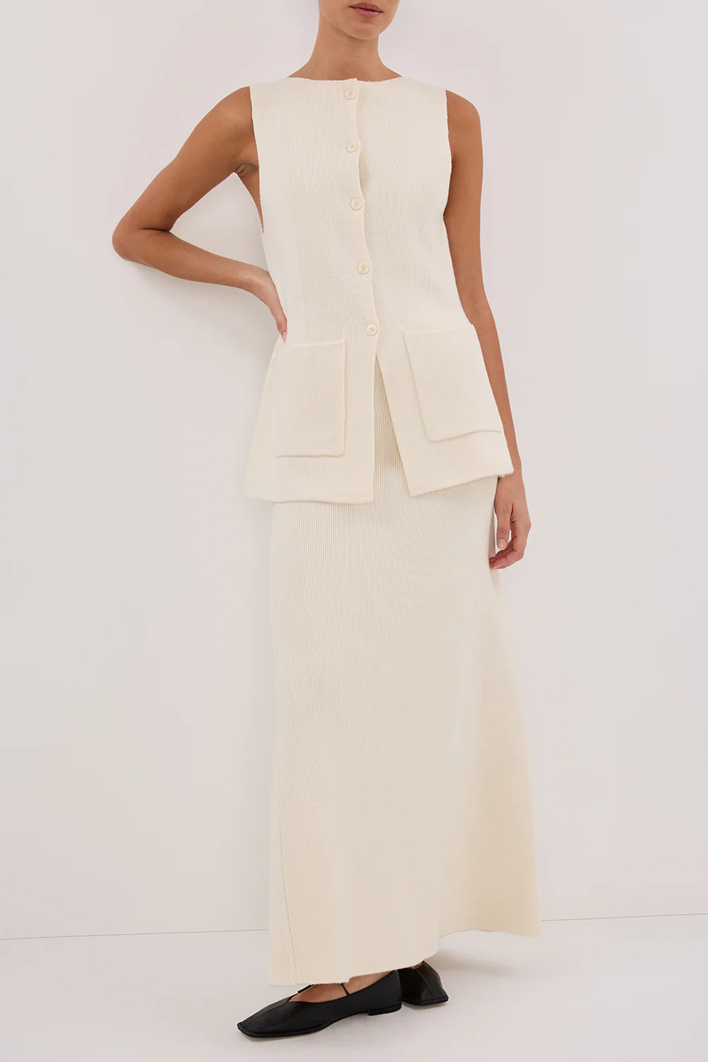 AVA CREAM LONGLINE KNIT MIDI SKIRT - Gamepaces