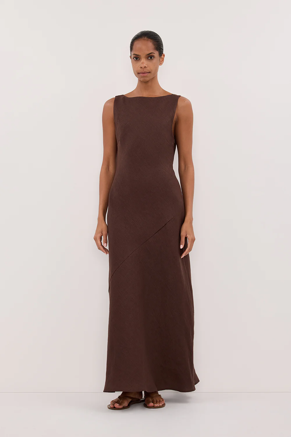 LACY COCOA SLEEVELESS LINEN MIDI DRESS - Gamepaces