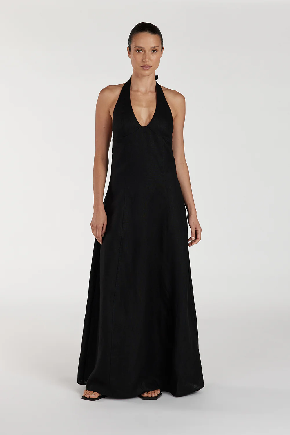 AUDREY BLACK HALTER LINEN MIDI DRESS - Gamepaces