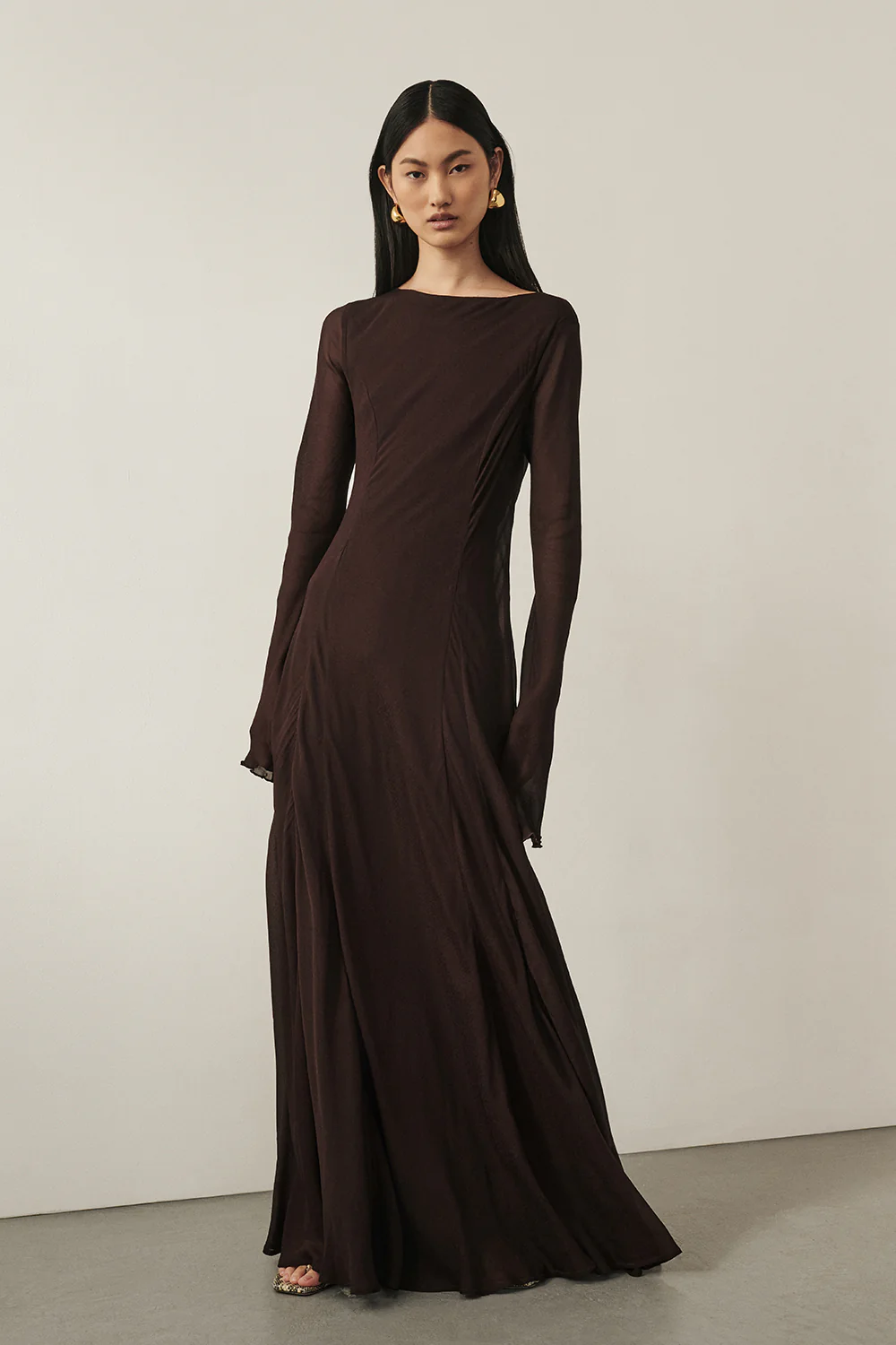 ELODIE DARK CHOC LONG SLEEVE MAXI DRESS - Gamepaces