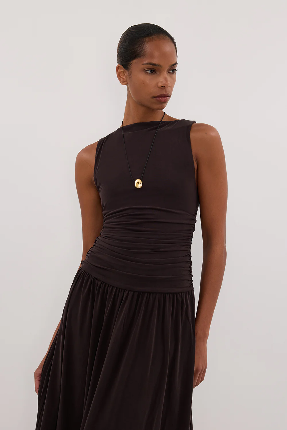 MEG BURNT CHOC SLEEVELESS KNIT MIDI DRESS - Gamepaces