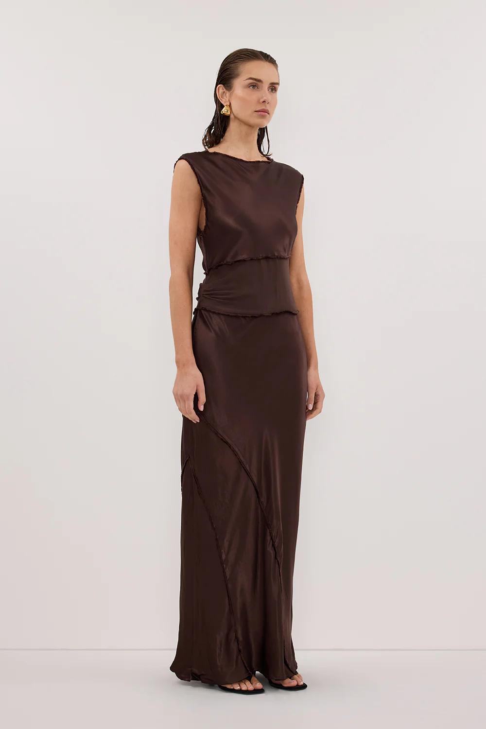 MONICA BITTER CHOCOLATE SATIN MIDI DRESS - Gamepaces