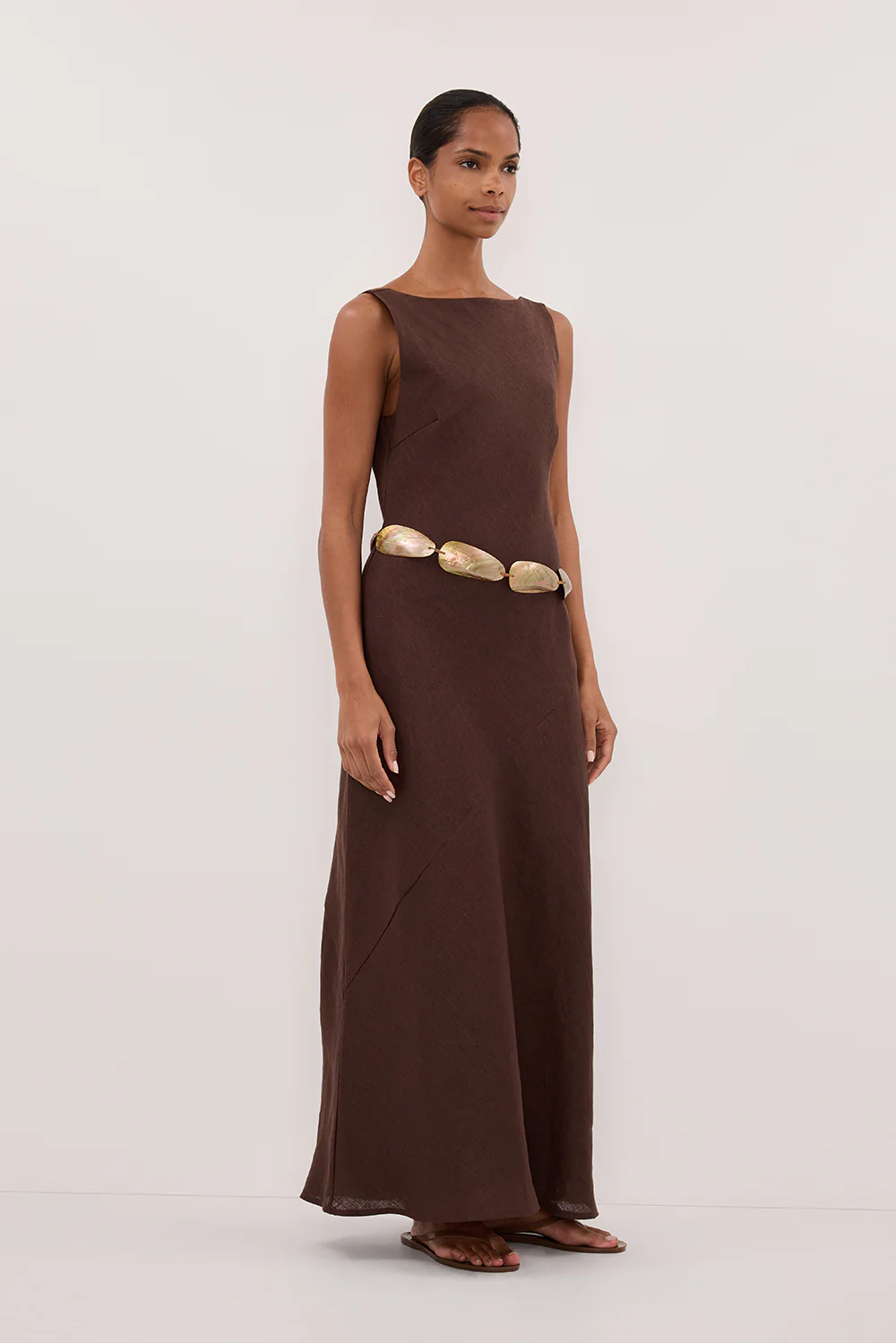 LACY COCOA SLEEVELESS LINEN MIDI DRESS - Gamepaces