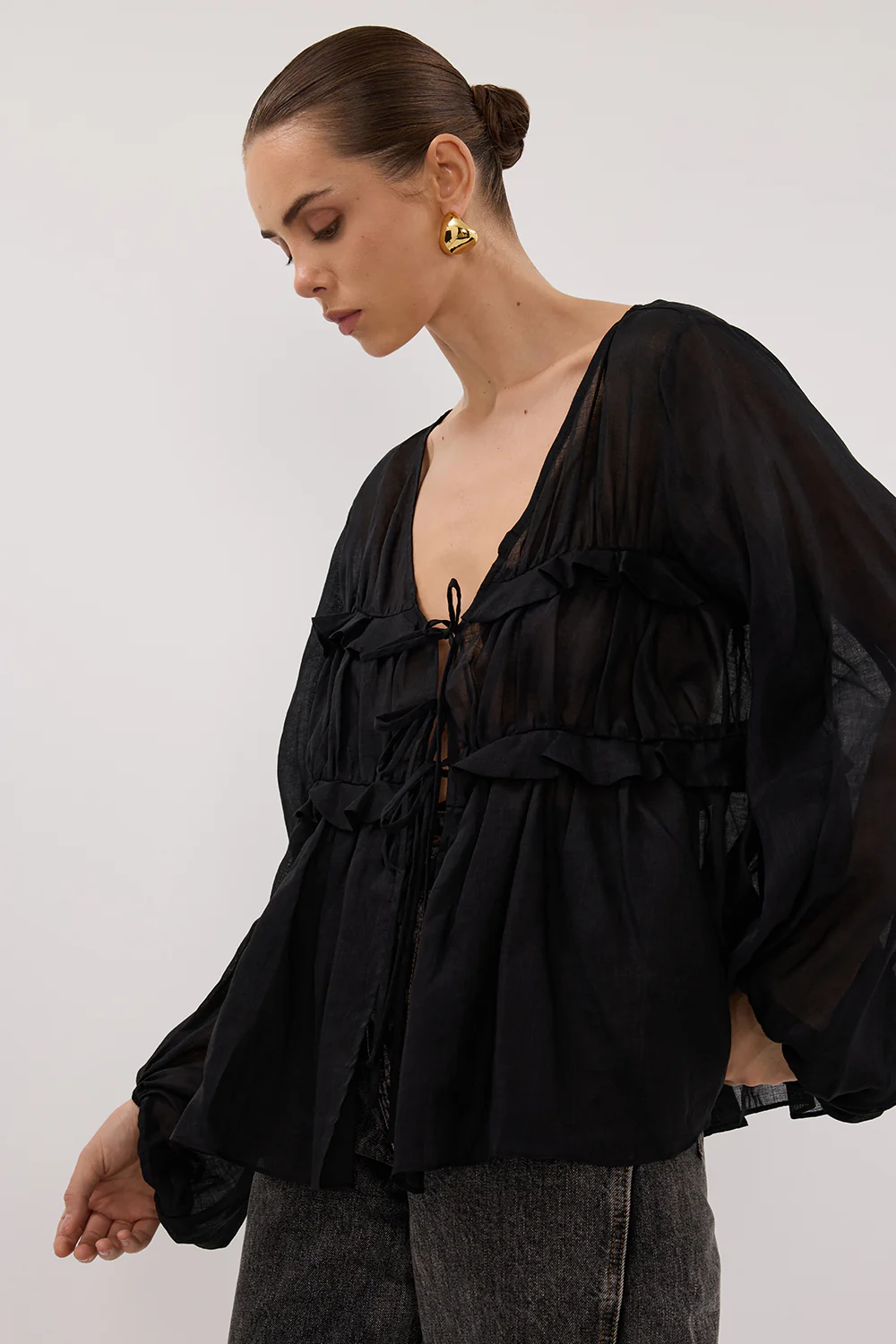 MILA BLACK RAMIE LONG SLEEVE FRILL TOP - Gamepaces