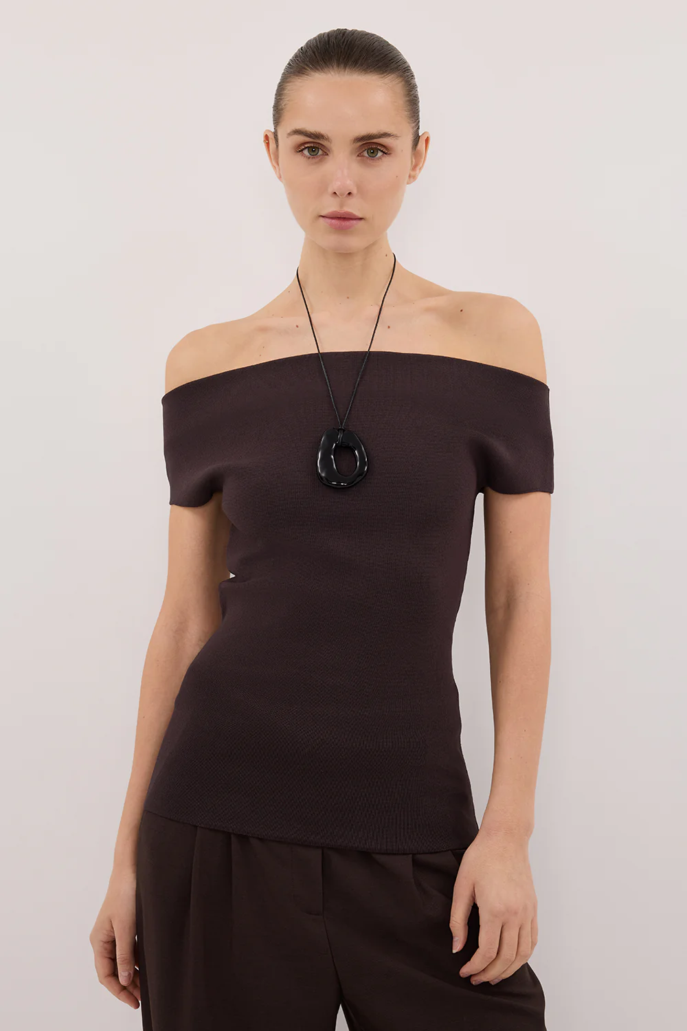 ASTRID BURNT CHOC OFF SHOULDER KNIT TOP - Gamepaces