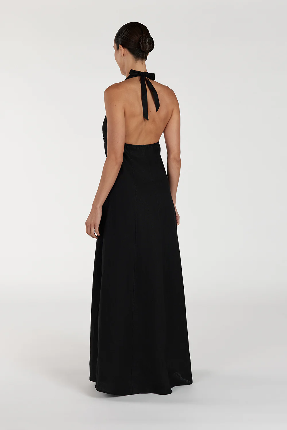 AUDREY BLACK HALTER LINEN MIDI DRESS - Gamepaces