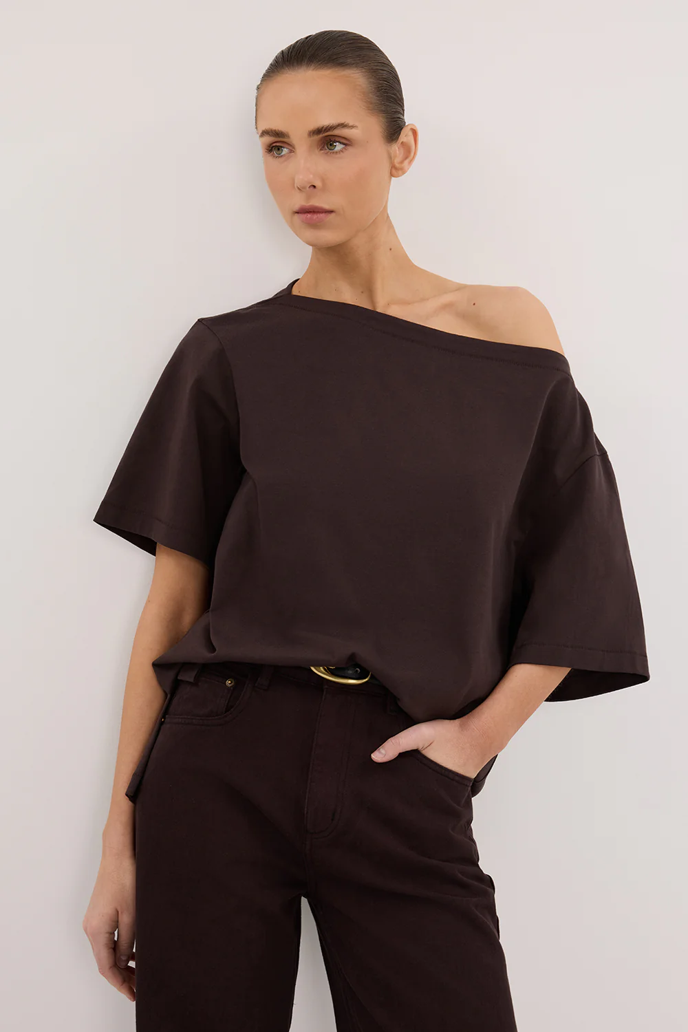 ESME BITTER CHOC ASYM BOAT NECK TEE - Gamepaces