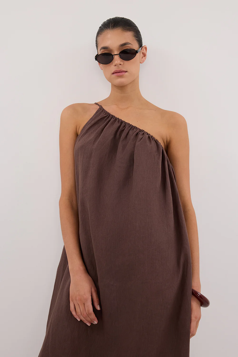 ALMA BITTER CHOC ASYM LINEN MIDI DRESS - Gamepaces
