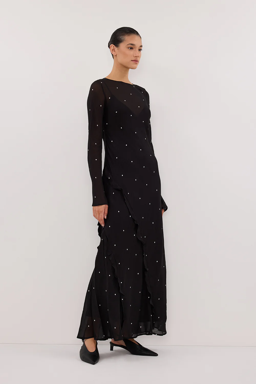 MELROSE BLACK SPOT LONG SLEEVE MAXI DRESS - Gamepaces