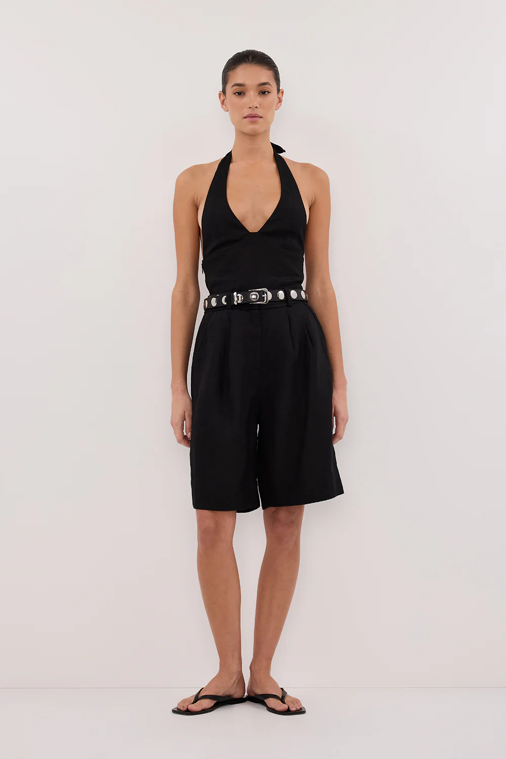 AUDREY BLACK LINEN HALTER TOP - Gamepaces